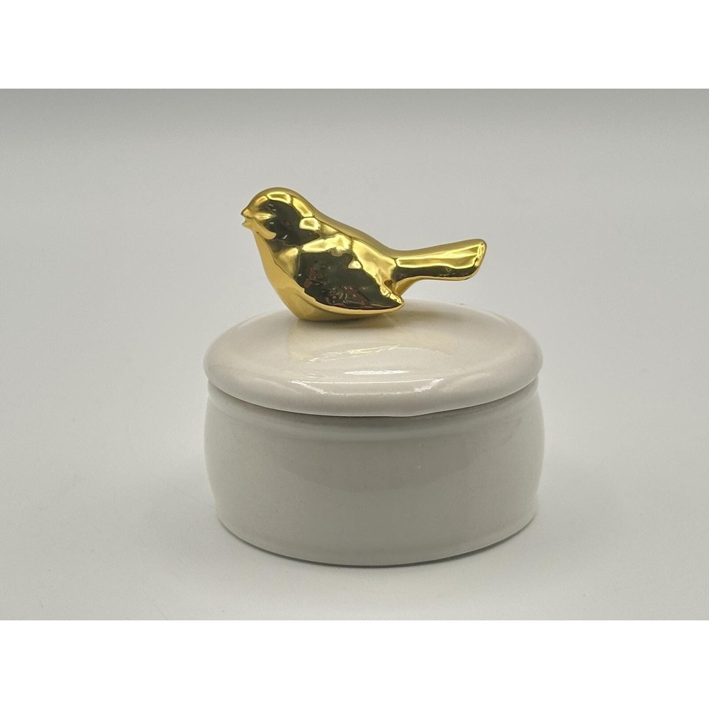 Vintage 2 1/2" Lidded Trinket Dish — White Ceramic with Gold Bird